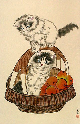 Chinese Kittens in Basket Wall Scroll close up view