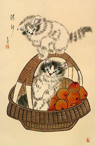 New and Fresh Kittens in a Basket Wall Scroll close up view