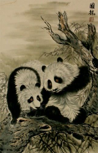 Chinese Panda Wall Scroll close up view