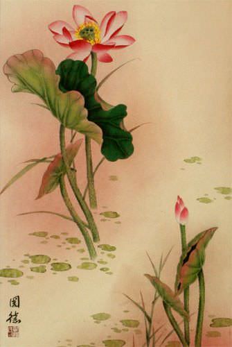 Lotus Flower and Dragonfly Wall Scroll close up view
