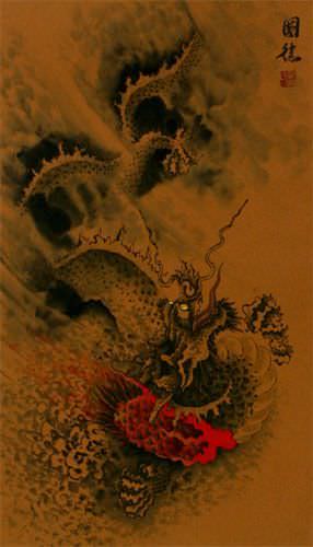 Hidden Chinese Dragon - Asian Wall Scroll close up view