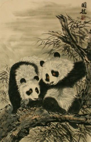 Chinese Pandas Wall Scroll close up view
