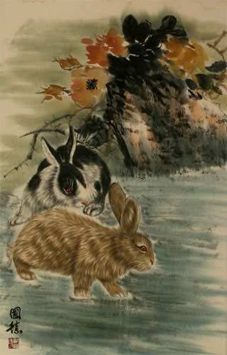 Rabbits - Chinese Scroll close up view