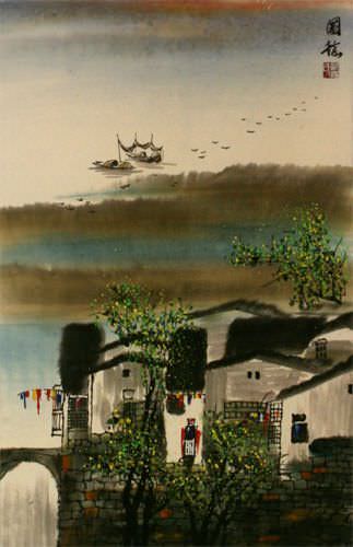 Chinese Suzhou River Landscape Wall Scroll close up view
