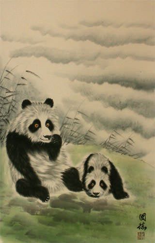 Chinese Pandas at Play Wall Scroll close up view