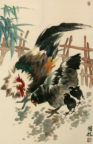 Chicken Family Wall Scroll close up view