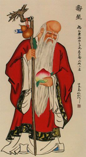 God of Longevity Holding Peach - Chinese Scroll close up view