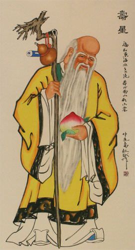 The Saint of Longevity Holding Peach - Chinese Scroll close up view