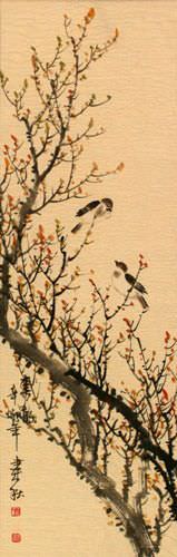 Spring Rhythm - Birds and Flowers - Wall Scroll close up view