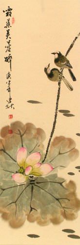 Lotus Beauty in Misty Morning Pond - Wall Scroll close up view