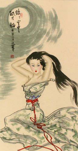 Beautiful Woman Under the Moon - Asian Scroll close up view