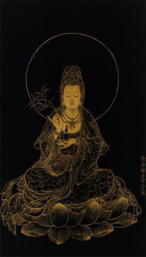 Big Buddha Gold Etching Wall Scroll close up view