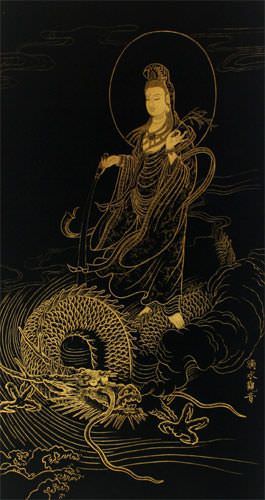 Guanyin Buddha and Dragon - Gold Etching Wall Scroll close up view