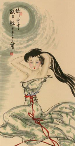 Beautiful Woman Under the Moon - Chinese Scroll close up view