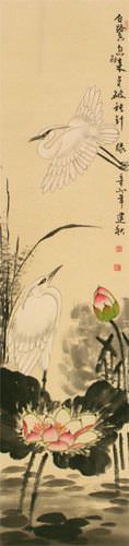 Lily Pond - Fragrant Lotus - Egret Birds and Lotus Flowers Wall Scroll close up view