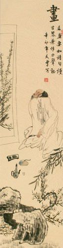 Man Enjoying a Painting - Wall Scroll close up view