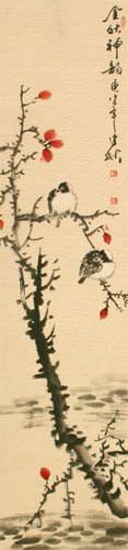 Golden Autumn Charm - Birds and Flower - Wall Scroll close up view