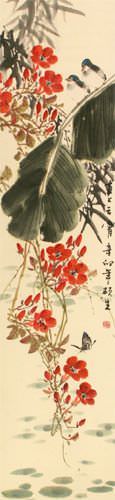 Birds, Butterfly, Morning Glory Flowers, Bamboo - Chinese Scroll close up view