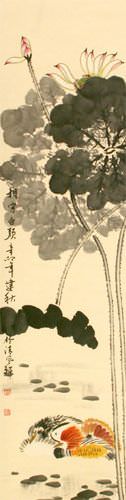 Mandarin Ducks & Lotus Flowers - Together Forever - Chinese Scroll close up view