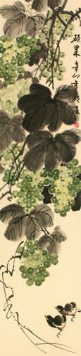 Great Harvest - Birds and Grapes - Chinese Scroll close up view