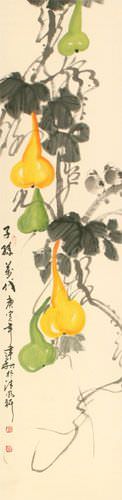 Gourd Vine and Birds - Chinese Scroll close up view