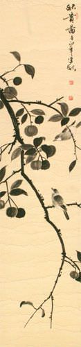 Autumn Birds and Persimmons - Wall Scroll close up view