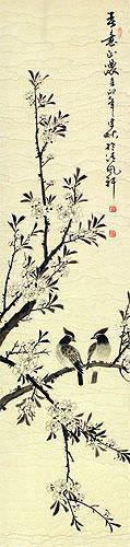 Birds in Perched on Loquat Tree - Chinese Scroll close up view