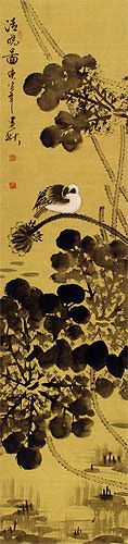 Clear Dawn - Bird and Lotus Pond - Chinese Scroll close up view