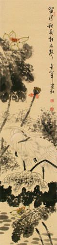 Autumn Rain - Lotus Flower and Egret Birds Wall Scroll close up view
