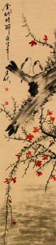 Bird and Flowers Wall Scroll close up view