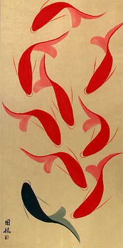 Abstract Large Nine Koi Fish Chinese Scroll close up view