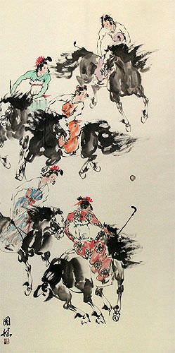 Traditional Chinese Horseback Polo - Large Wall Scroll close up view