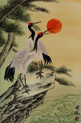 Antique-Style Asian Cranes Wall Scroll close up view