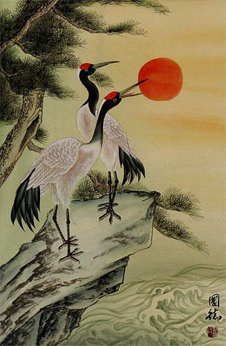 Antique-Style Cranes Wall Scroll close up view