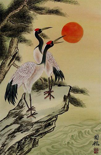 Cranes and Pine Tree Wall Scroll close up view