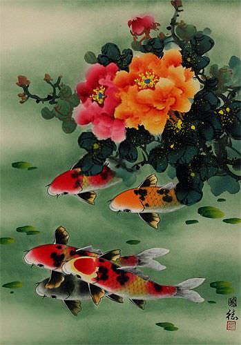 Peony Flowers & Koi Fish - Chinese Scroll close up view