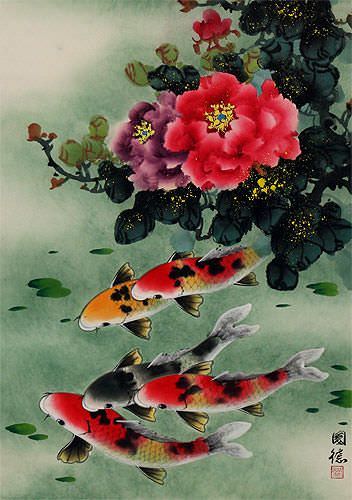 Koi Fish & Peony Flower - Chinese Scroll close up view