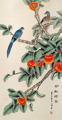 The Golden Autumn - Bird and Persimmon Chinese Scroll close up view