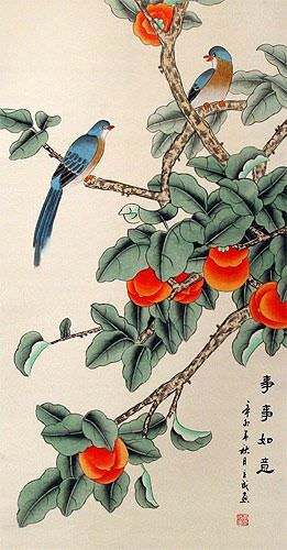 Bird and Persimmon - The Golden Autumn - Chinese Scroll close up view