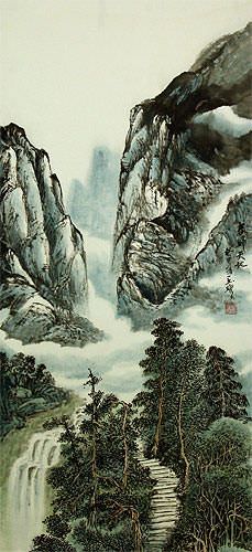 Mountain Waterfall - Chinese Landscape Wall Scroll close up view