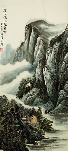 Mountains and River Village Homes - Chinese Landscape Wall Scroll close up view