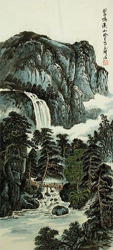 Chinese Waterfall Landscape Wall Scroll close up view