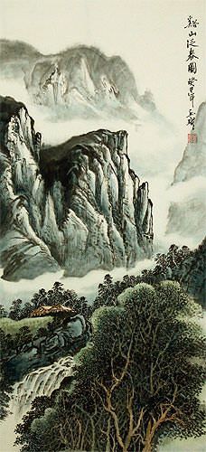 Mountains Waterfall and River Village Home - Chinese Landscape Wall Scroll close up view