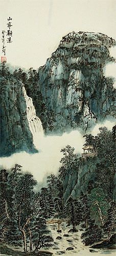 Mountain Waterfall and Pagoda - Chinese Landscape Wall Scroll close up view