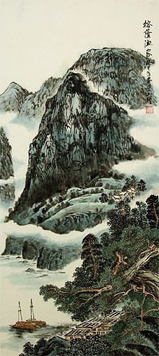 Mountains River Boats, and Village Homes - Chinese Landscape Wall Scroll close up view