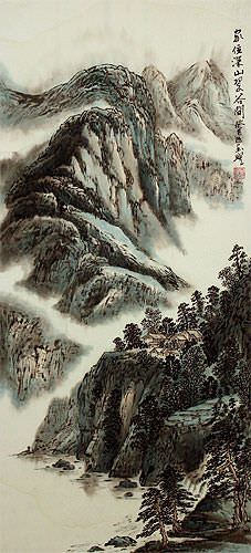 Chinese River Landscape Wall Scroll close up view