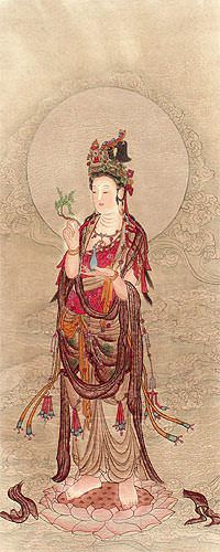 Image of Guanyin Buddha - Partial-Print Wall Scroll close up view