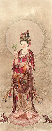 Guanyin Buddha - Partial-Print Wall Scroll close up view