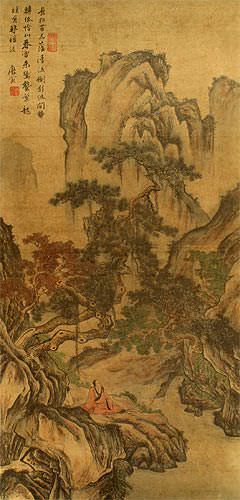 Clear River and Pine Trees - Ancient Landscape Print Wall Scroll close up view
