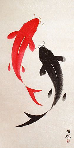 Huge Yin Yang Fish Wall Scroll close up view